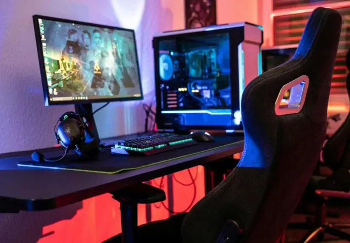 Gaming-Setup mit beleuchtetem PC, Tastatur und Kopfhörern. Der **Atlas OS**-Desktop zeigt ein Spiel.