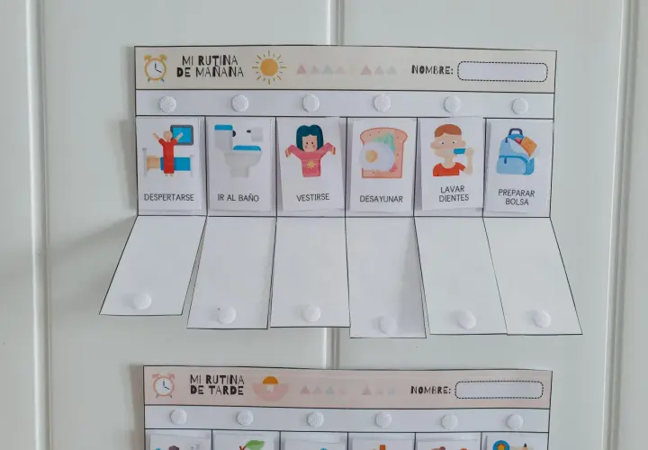 Tabla imprimible rutinas diarias para niños. Ayuda a organizar el día con actividades como despertar, ir al baño, vestirse, desayunar, lavarse los dientes y preparar la bolsa.