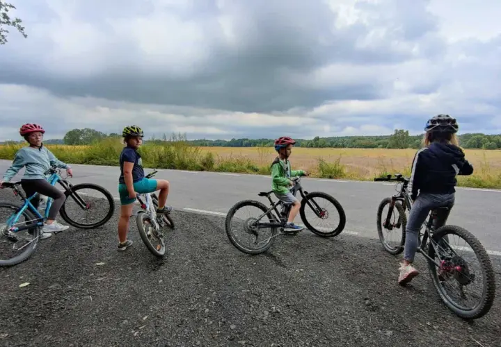 Cztery dzieci na rowerach, szukają idealnego roweru dla 8 latka ile cali.