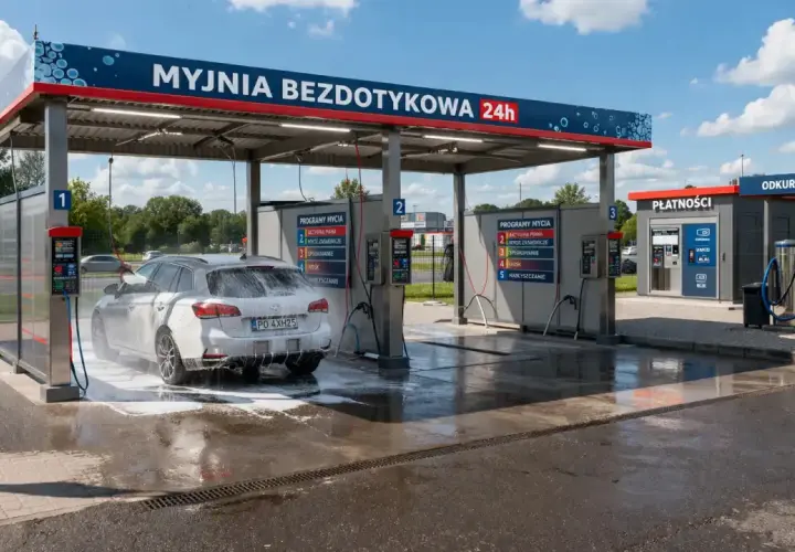 Nowoczesna myjnia samochodowa 24h z myjącym się autem i stanowiskami do odkurzania.