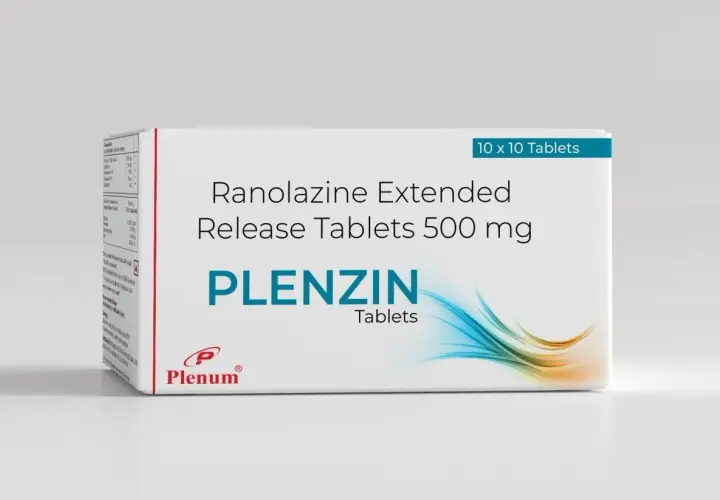 Pudełko leku Plenzin z ranolazyną 500 mg, 10x10 tabletek.