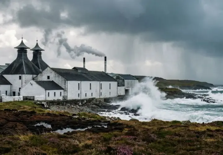 Distillerie sur l'île d'Islay, battue par les vagues et la pluie sous un ciel orageux. La fumée s'échappe d'une cheminée.