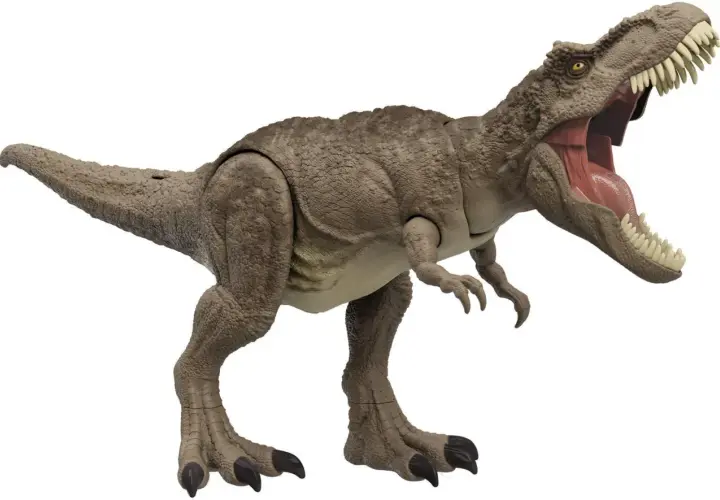 Zabawka T-Rex z otwartą paszczą i ostrymi zębami na białym tle.
