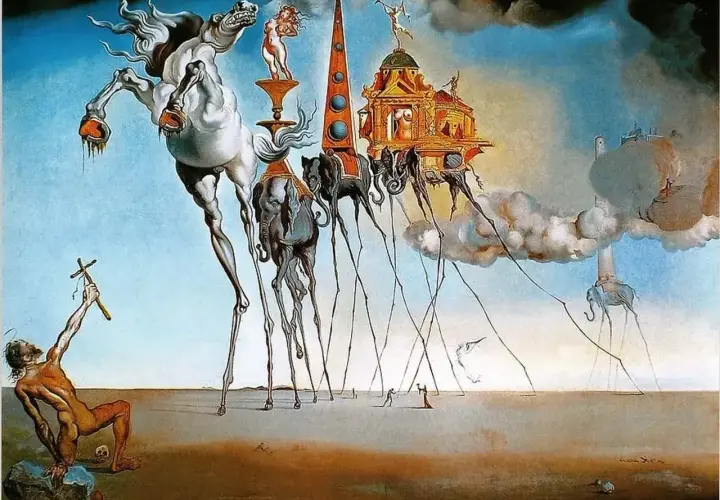 Surrealizm co to? Długonogie słonie i koń unoszą się nad pustynią, a postać z krzyżem wznosi ręce.