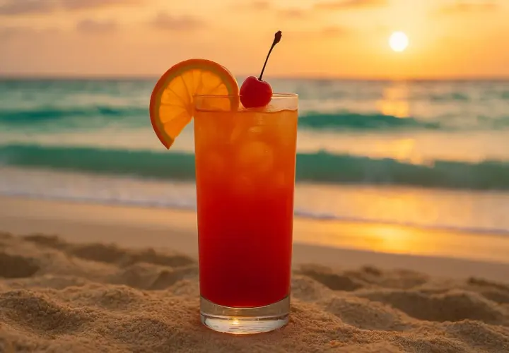 Koktajl "Sex on the Beach" na piasku, z widokiem na ocean i zachód słońca. Idealny na wakacje.
