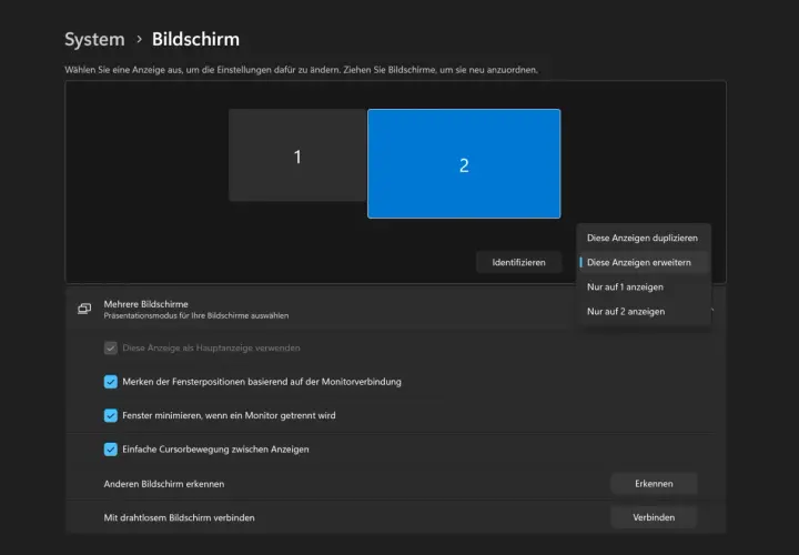 Bildschirm-Einstellungen: Zwei Monitore (1 und 2) sind sichtbar. Optionen zum Erweitern oder Duplizieren der Anzeigen sind verfügbar.