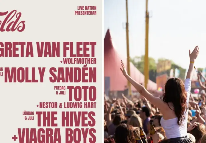 STHLM Fields festivalaffisch med artister som Greta Van Fleet, Molly Sandén, Toto, The Hives. Publiken jublar i bakgrunden.