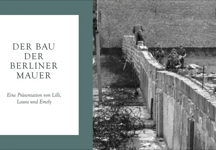 Schwarz-Weiß-Foto: Bau der Berliner Mauer mit Soldaten und Ziegelsteinen.