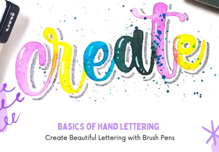 El lettering "create" en acuarela, con un rotulador Uni y salpicaduras de tinta.