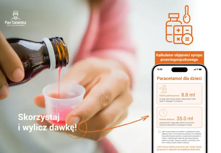 Syrop dla dzieci wylewany do miarki. Aplikacja "Pan Tabletka" pomaga obliczyć dawkę, np. ibuprofen dla dzieci.