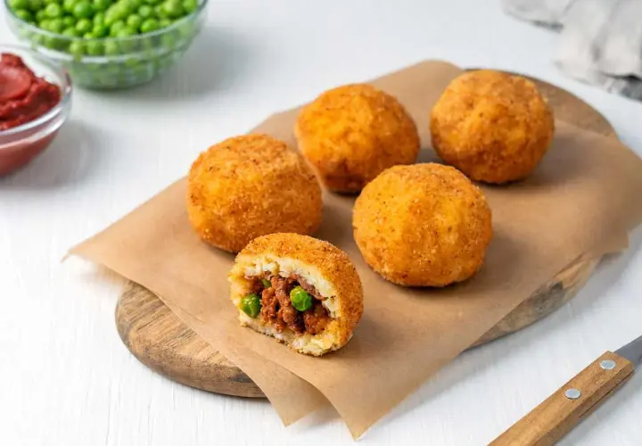 Arancini dorados y crujientes, uno cortado revela un relleno de carne y guisantes. ¡Una deliciosa receta arancini lista para disfrutar!