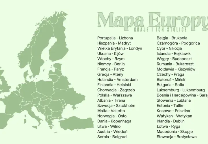 Mapa Europy z zaznaczonymi stolicami. Gdzie jest Paryż? Znajduje się we Francji, na tej mapie.