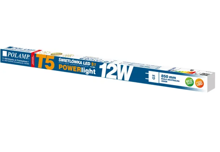 Opakowanie świetlówki LED Polamp T5 o mocy 12W, długości 850 mm, barwie białej neutralnej 4000K.