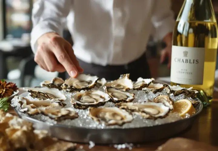Un Chablis, le vin blanc parfait avec les huîtres de Marennes. Un serveur arrange un plateau d'huîtres fraîches sur de la glace, prêt à être dégusté.