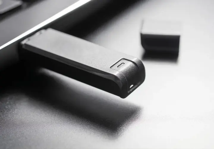 Schwarzer USB-Stick steckt in einem Laptop. Die Frage "usb stick formatieren welches format" wird durch das Bild angeregt.