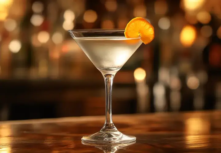 Elegancki martini, idealny james bond drink, z plasterkiem pomarańczy na krawędzi kieliszka, na tle rozmytego baru.