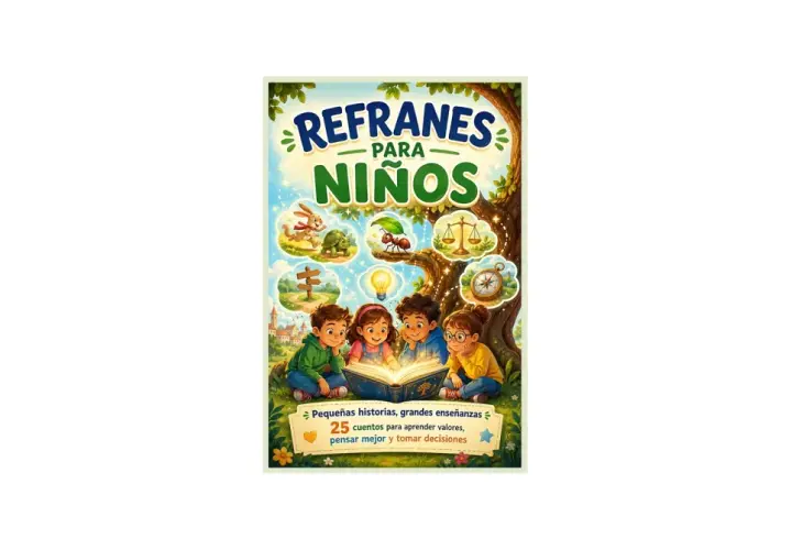 Ilustración de un libro titulado "Refranes para niños", con cuatro niños leyendo un libro mágico. Incluye imágenes de animales y símbolos de sabiduría.