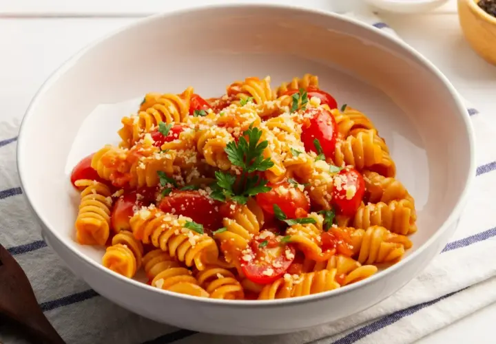 Pyszny makaron z warzywami: fusilli w sosie pomidorowym z pomidorkami koktajlowymi, posypany parmezanem i natką pietruszki.
