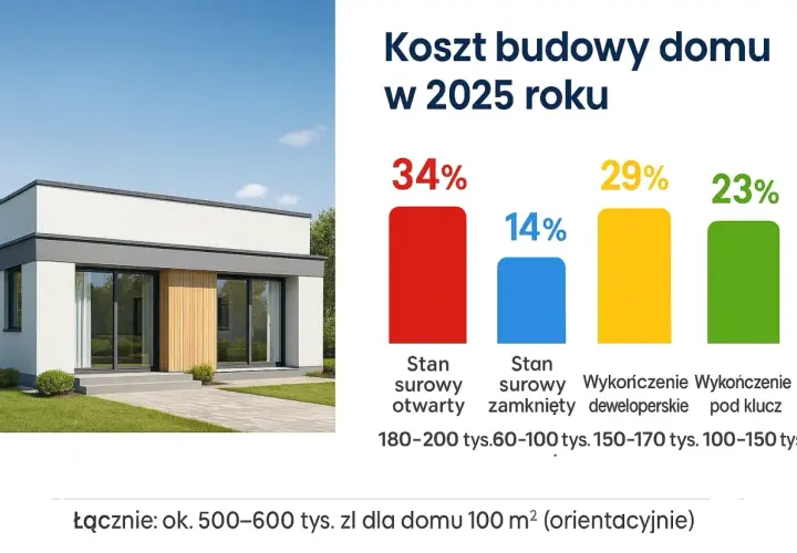 Nowoczesny dom z ogrodem i wykres kosztów budowy w 2025 roku.