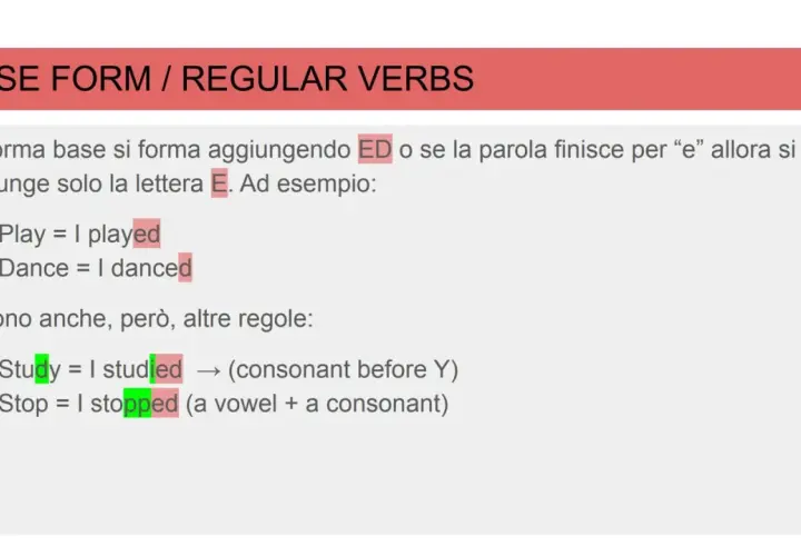Esempi di frase past simple: "I played" e "I danced". Si aggiunge ED o E ai verbi regolari.