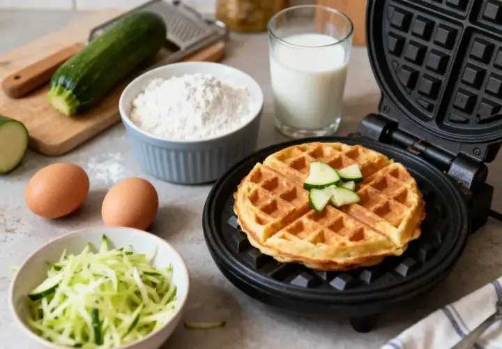 Gaufre courgette dorée dans un gaufrier, entourée d'ingrédients : courgettes râpées, œufs, farine et lait.