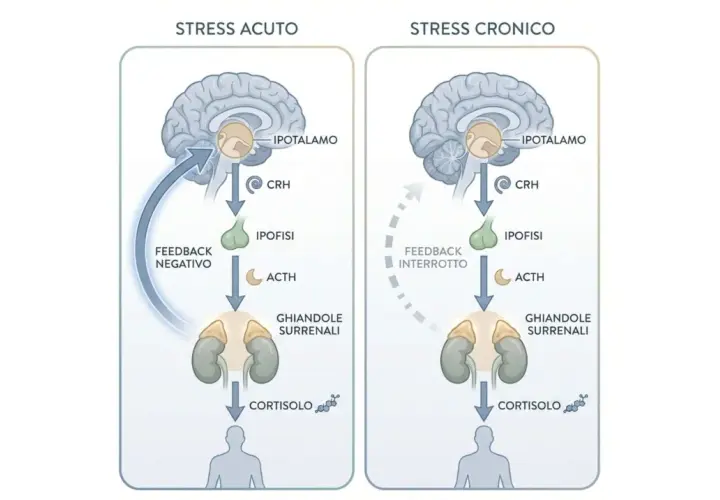 Schema che illustra stress acuto e cronico. Mi sento come se sto vivendo un periodo difficile, con il feedback interrotto che causa un eccesso di cortisolo.