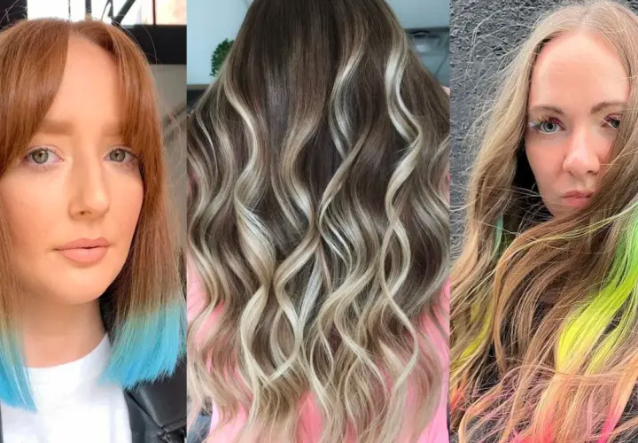 Tres estilos de cabello: mechas rubias con ondas, cabello castaño con puntas azules y mechas de colores vibrantes sobre cabello rubio.