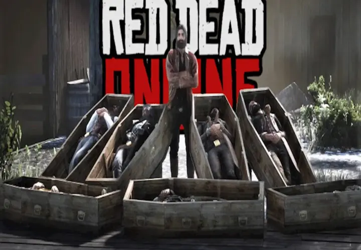 Mężczyzna w stroju z gry Red Dead Redemption stoi nad kilkoma trumnami z ciałami.