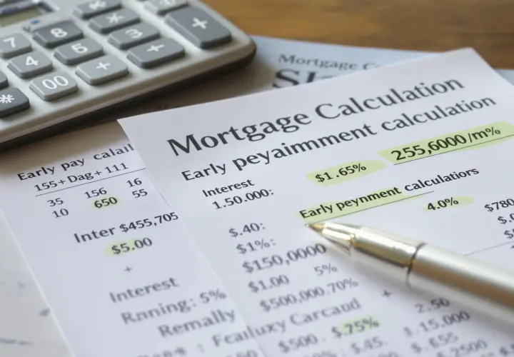 Calculatrice et documents financiers. On y voit des calculs de prêt hypothécaire, des taux d'intérêt et des frais de remboursement anticipé credit agricole.