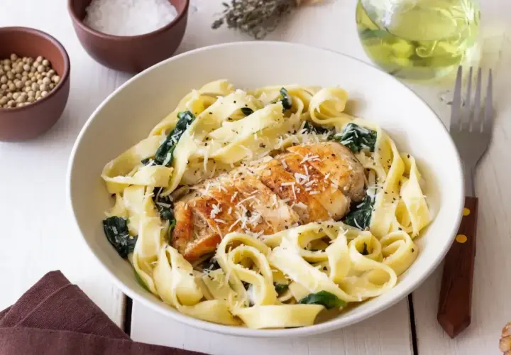 Pyszny makaron z kurczakiem i szpinakiem, posypany parmezanem. Idealny obiad na każdy dzień.