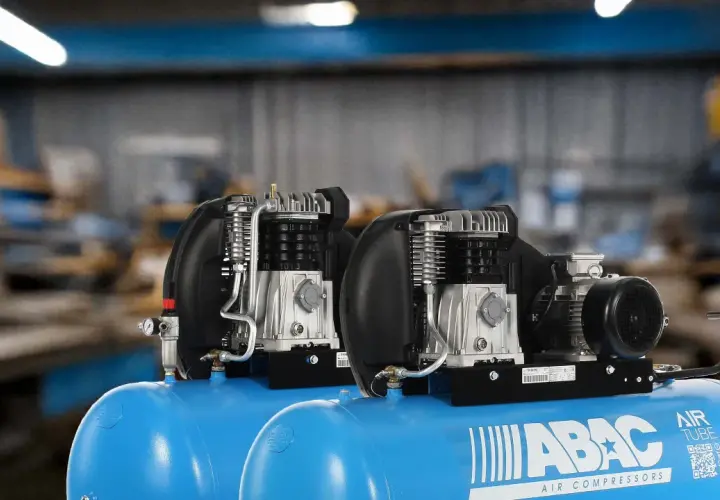 Dos compresores de aire ABAC con motor eléctrico y cabezal de pistón, un tipo de compresor reciprocante, listos para trabajar.