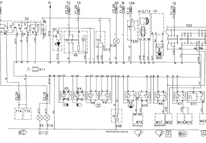 Schemat elektryczny Opla Zafiry B z zaznaczonymi bezpiecznikami i przekaźnikami.