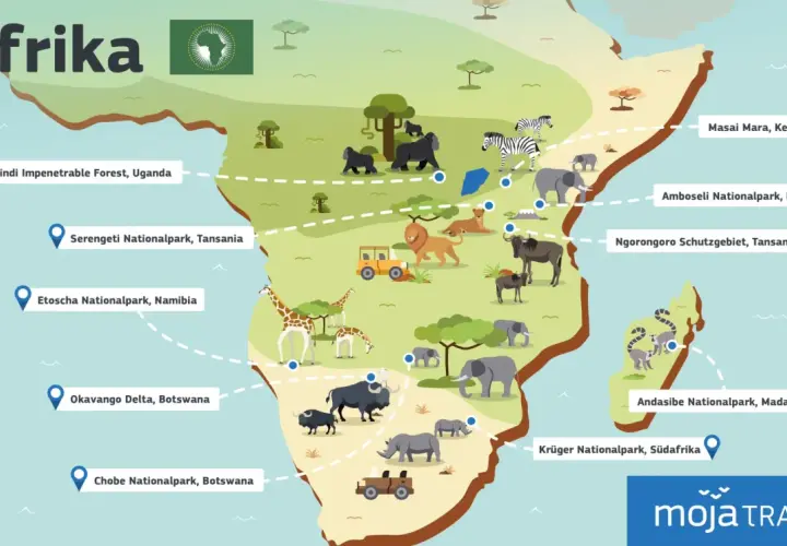 Karte von Afrika mit Tierabbildungen und Nationalparks für eine Safari. Gorillas, Löwen, Elefanten, Zebras und Giraffen sind zu sehen.