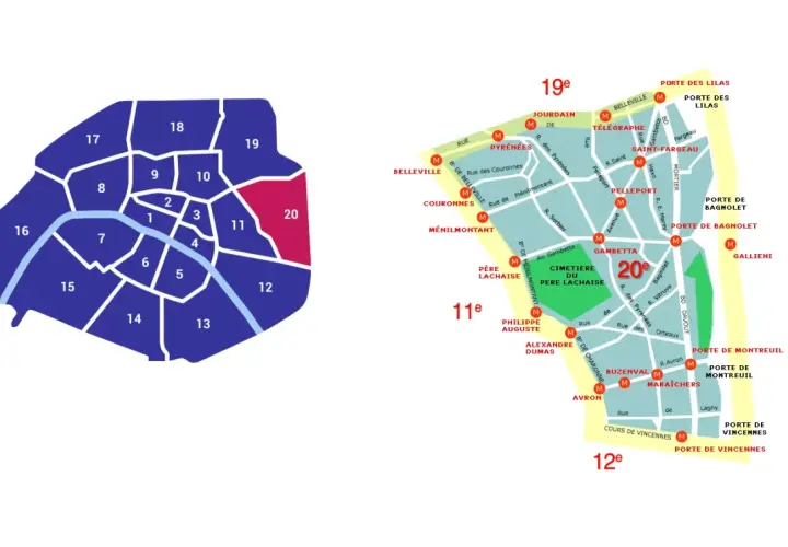 Mapa Paryża z zaznaczonymi dzielnicami, wyróżniona 20. dzielnica.