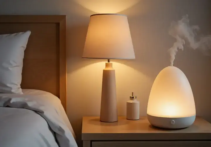 Un difusor emite vapor, ayudando a como deshumidificar una habitación. Junto a una lámpara y un frasco en una mesita de noche.