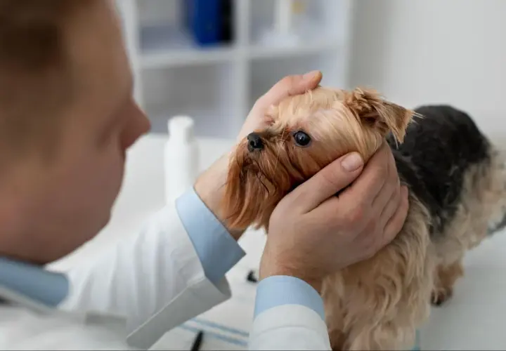 Wet nose, sad eyes. Wet Yorkshire terrier pies ma katar i charczy, weterynarz go bada.