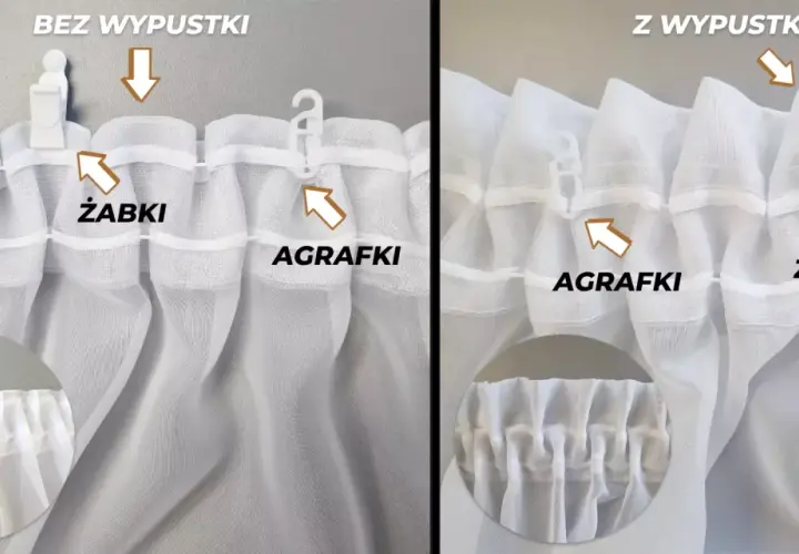 Porównanie tunelu i żabek do wieszania firanek. Agrafki pokazują, jak łatwo można je zamontować.