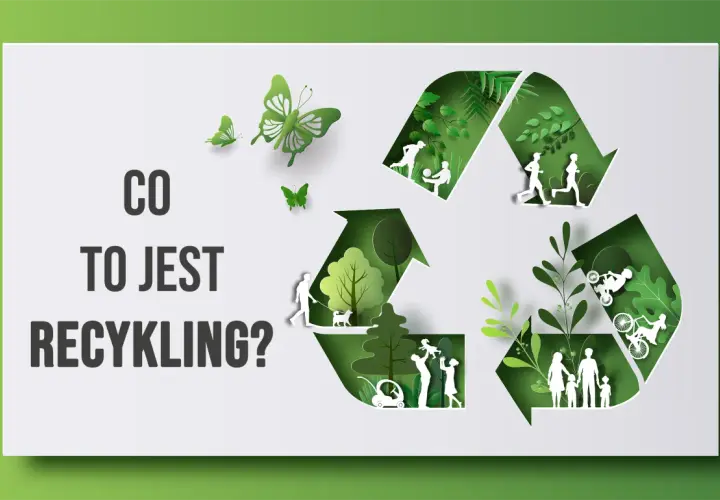 Co to jest recykling? Zielony symbol recyklingu z wyciętymi sylwetkami ludzi i natury, symbolizujący troskę o środowisko.