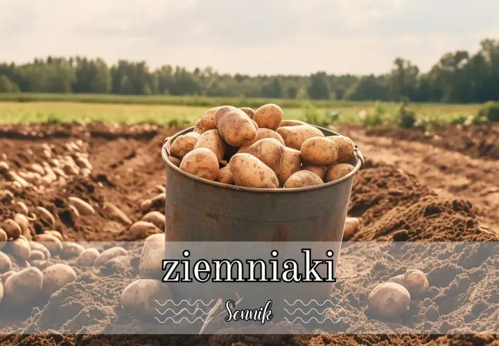 Pełny garnek ziemniaków na polu, gotowy do zbioru. Sennik ziemniaki zapowiada obfitość i pomyślność.