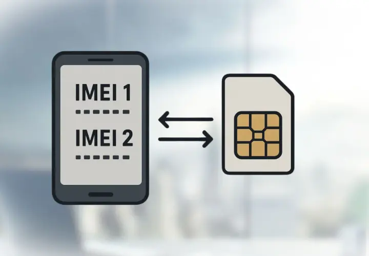 Grafika przedstawia telefon z dwoma numerami IMEI i kartę SIM, symbolizującą zarządzanie numerami lub potencjalną blokadę imei.