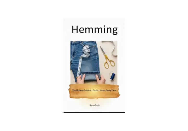 Hands folding jeans for hemming, with scissors, measuring tape, and thread. A guide to using a hemming sewing machine.