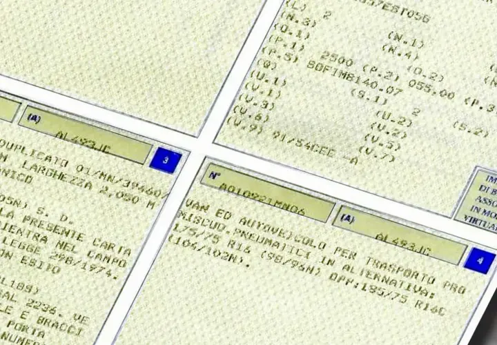 Dettagli di una carta di circolazione con dati tecnici e codici.