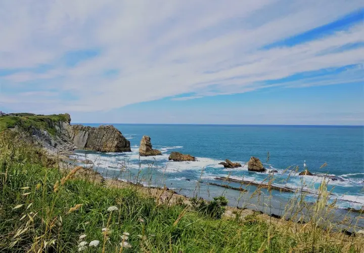 Vista de la **playa de dicido** con rocas emergiendo del mar azul y vegetación verde en primer plano bajo un cielo nublado.