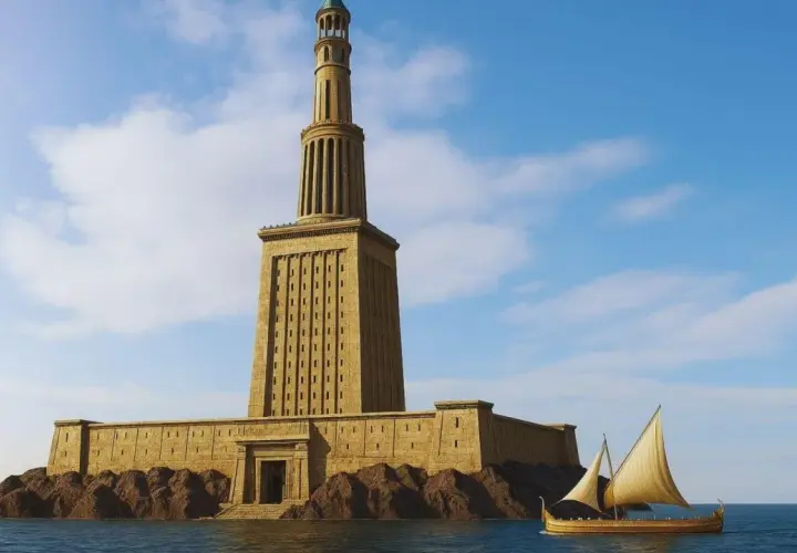 El majestuoso faro de Alejandría se alza sobre rocas, guiando a un antiguo barco de vela en el mar azul bajo un cielo nublado.