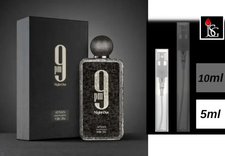Flakon perfum Afnan 9PM Night Out obok czarnego pudełka i próbek 10ml i 5ml.
