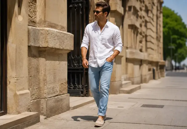 Mężczyzna w białej lnianej koszuli i jasnych jeansach, tworzący stylowy "canadian tuxedo", spaceruje ulicą.