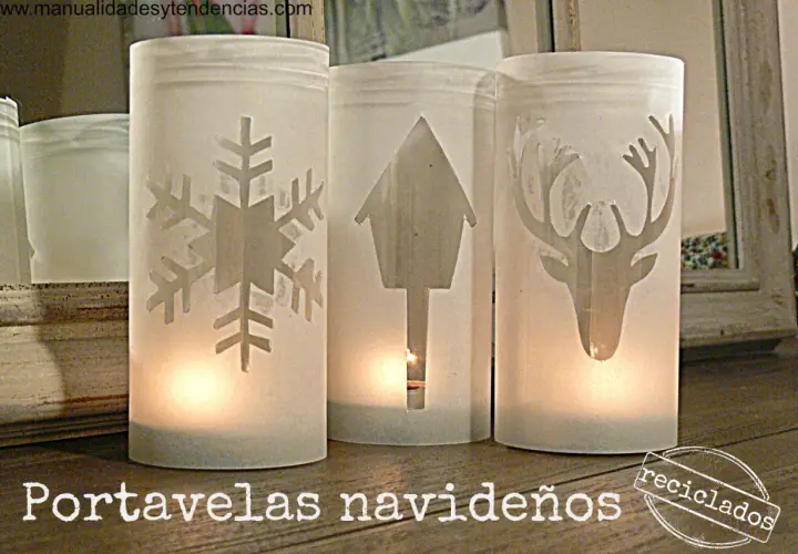 Portavelas manualidades para niños con diseños de copo de nieve, casita y ciervo. ¡Perfectos para decorar en Navidad!