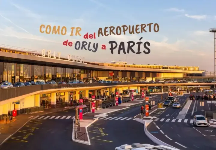 Exterior del aeropuerto de Orly con coches y autobuses, con el texto "Cómo ir del aeropuerto de Orly a París".