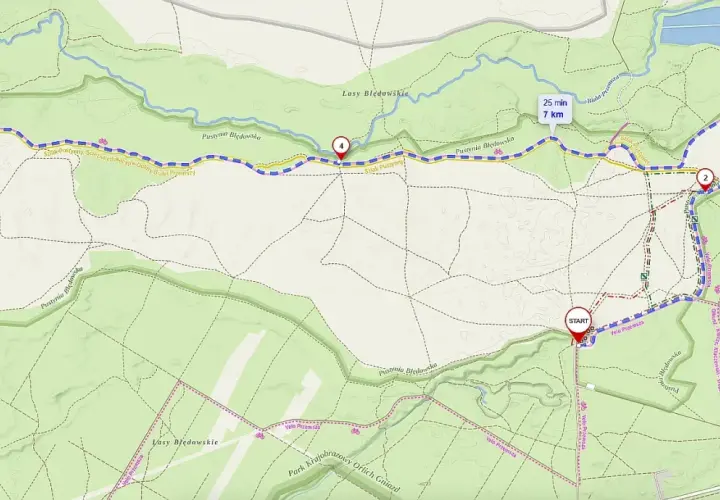 Trasa rowerowa przez Pustynię Błędowską. Mapa pokazuje szlak od START do KONIEC, z zaznaczonymi punktami 1, 2, 3, 4. Jak dojechać? Start znajduje się przy Velo Przemsza.