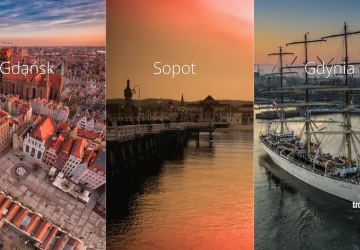 Trójmiasto: Gdańsk z lotu ptaka, molo w Sopocie o zachodzie słońca i żaglowiec w Gdyni.